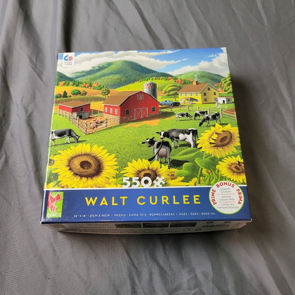 Walt Curlee puzzle, sunflowers and cows